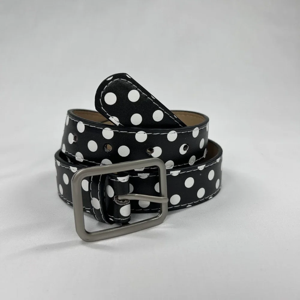 Vintage Retro Black and White Polka Dot Faux Leather Belt Silver Buckle